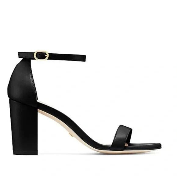 Stuart Weitzman Nearly Nude Sandal Block Heel Black Nappa Open Toe Ankle Strap 9 - Picture 1 of 10